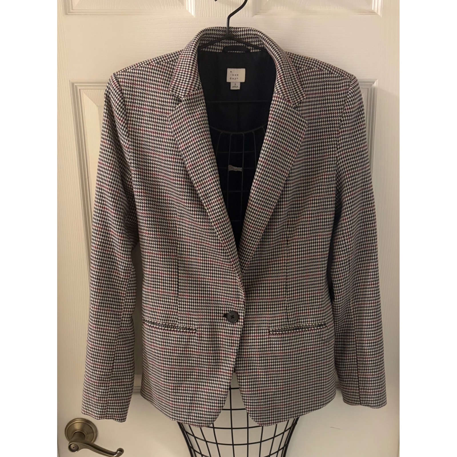 A New Day Womens Houndstooth Blazer Plaid Single Button Jacket Black Red Size 2